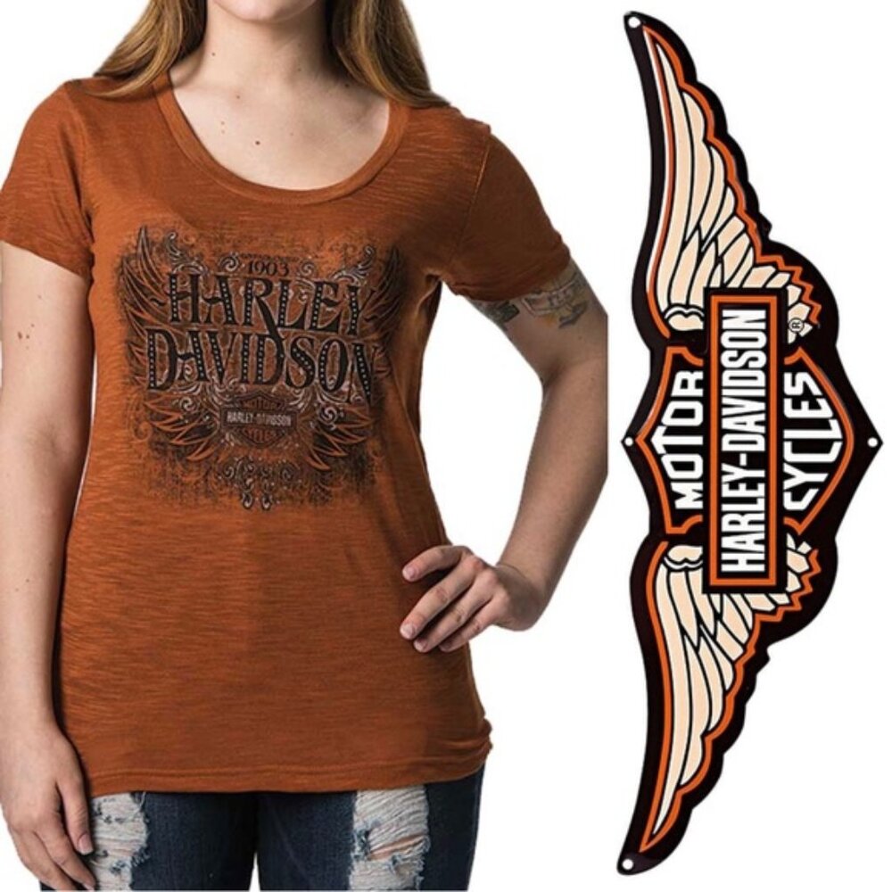 Harley Davidson | Burnt Orange Bling Short Sleeve Tee | Size Medium